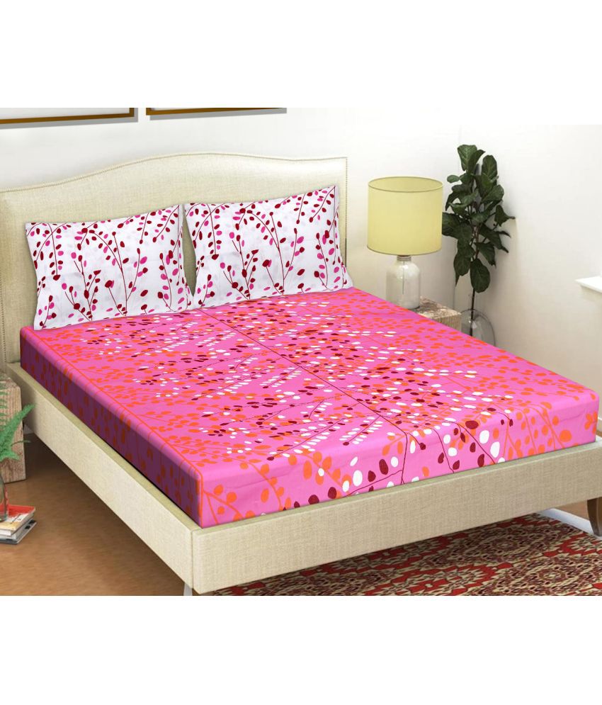     			FrionKandy Living Cotton Floral Printed Double Bedsheet with 2 Pillow Covers - Pink