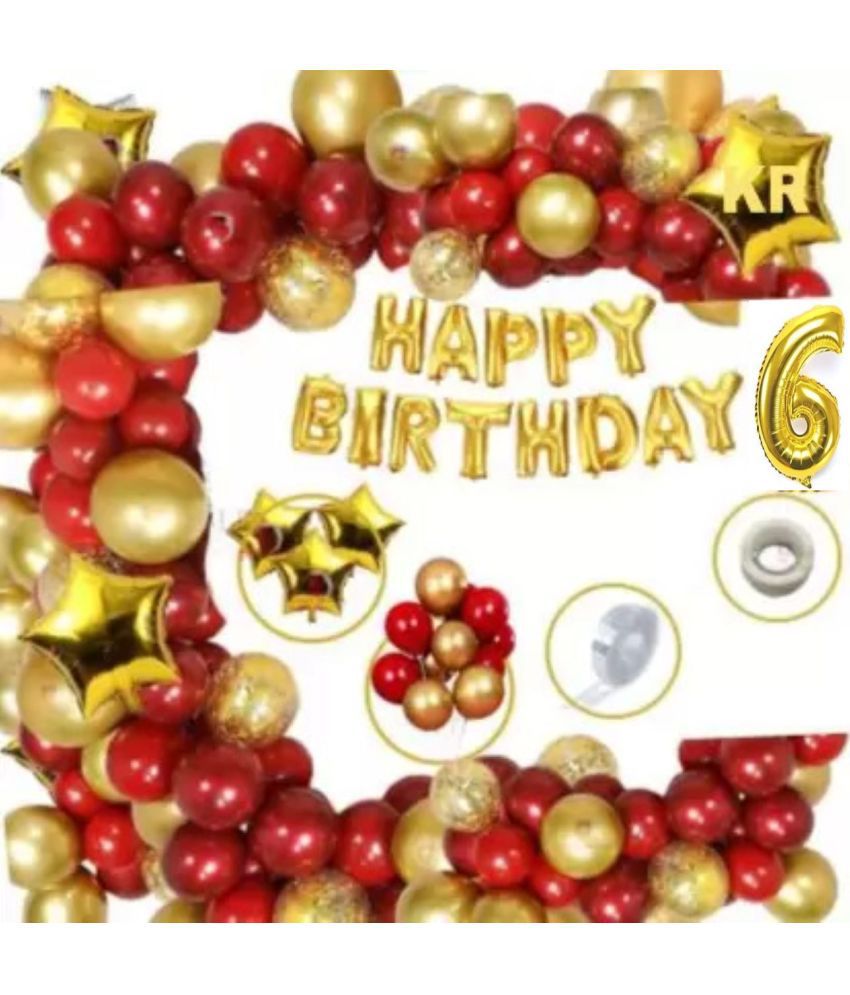     			KR 6th Happy Birthday party Decoration Kit Combo (Pack of 73), Happy Birthday 13 Letters (Gold) + HD Metallic 10 Inch Gold & Red 50 Pcs Balloons 1Glue 1Arch 6 Number Gold foil 4pc Confetti Balloon 3 Gold Star