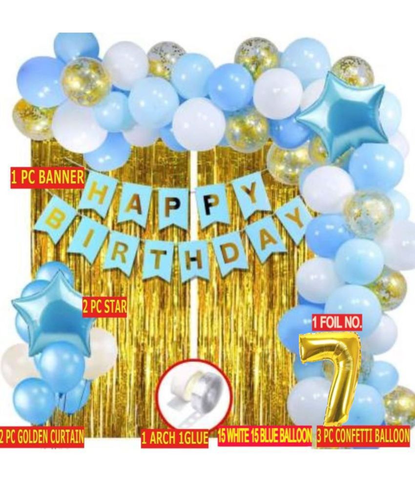     			KR Solid 7thHappy Birthday Decoration Kit Combo - 41pcs Birthday Banner Golden Foil Curtain Metallic Confetti Balloons With Glue Dot , Arch & 7 No. Gold Foil Balloon