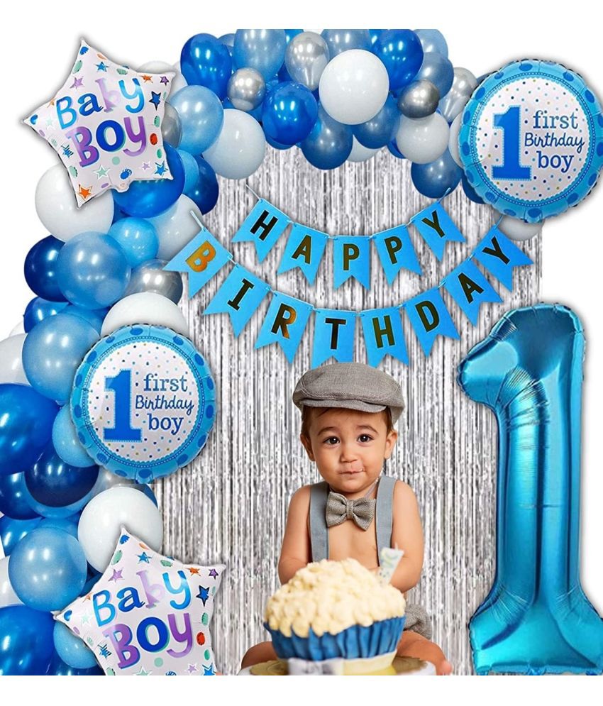     			Urban Classic 1st Birthday Decoration Kit for Boys  pack of 50 pcs - 30pcs of Blue,white,Silver balloons, 1pc Happy Birthday Banner, 2 silver curtain, 5pc Baby Boy Foil balloon.