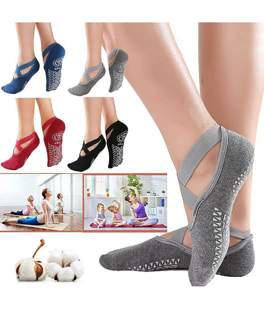     			Women's Anti Bacterial Anti-Skid Yoga/Pilates/Dance/Ballet Made with Bamboo Cotton Walking & Bikram Fitness Socks with Grips. Set of 1, Multi Color