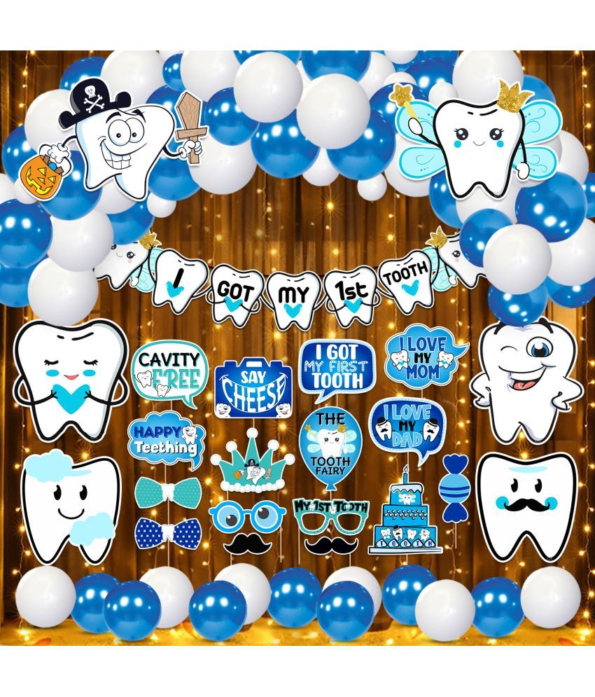     			Zyozi I Got My First Tooth Decoration Kit / First Tooth Decoration Items for Baby Boy - Banner, Cardstock, Balloons with Photo Booth Props & Rice Light (Pack Of 66)