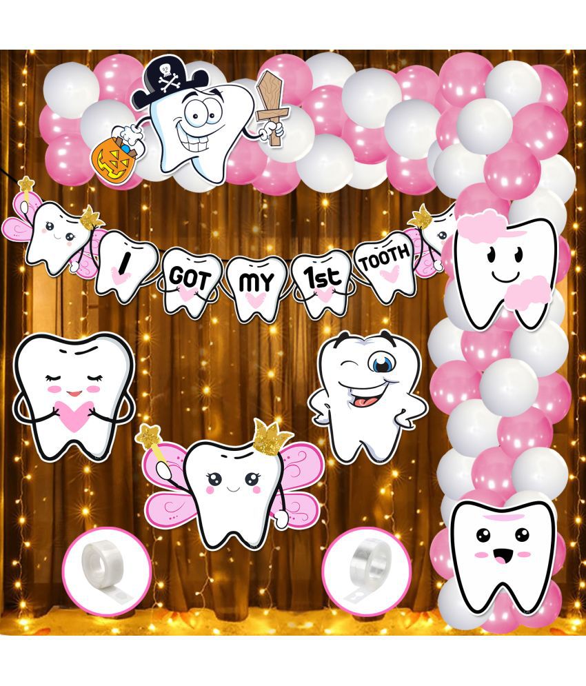     			Zyozi I Got My First Tooth Decorations / 1st Teeth Decoration Items - Banner, Cardstock CutOut, Rice Light, Balloons, Arch (Pack of 60)