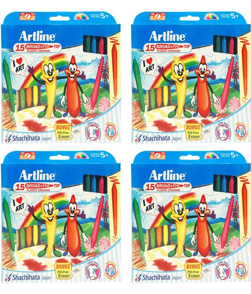     			Artline Broad & Fine Tip NonToxic 15 Shades Plastic Crayons (Set of 4, Multicolor)