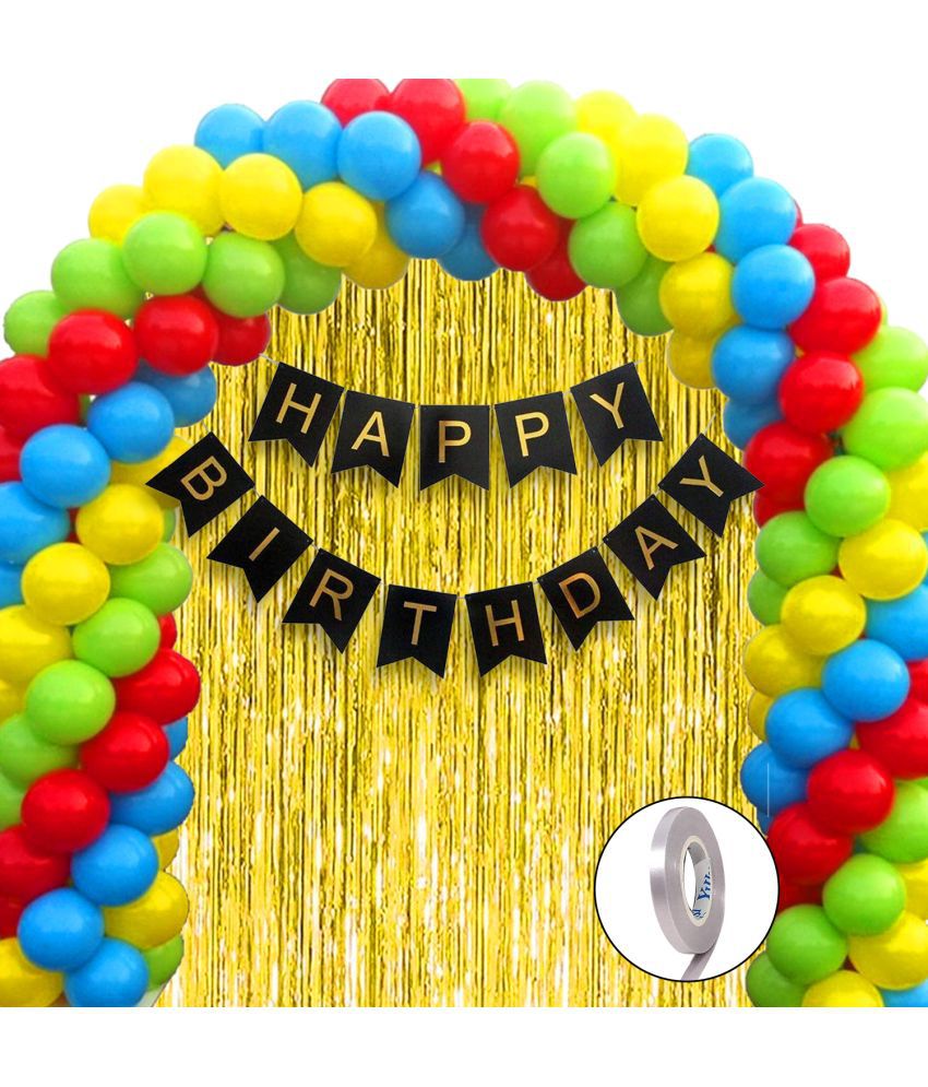     			Happy Birthday Banner (Black), 2 Fringe Curtain (Gold), 30 Metallic Balloons (Yellow, Red, Skyblue, LightGreen), 1 Ribbon for Birthday Decorations Set, Birthday Balloon Combo, Items for Boy, Girl