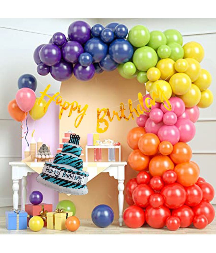     			Happy Birthday Banner Cursive (Golden) + 30 Metallic Balloons (Multicolor) + 1 Mini Foil Cake (Blue) for Birthday Decoration set, Birthday Kit, Birthday Decoration items, Birthday Balloon, Boy,Girls, Husband, Wife.