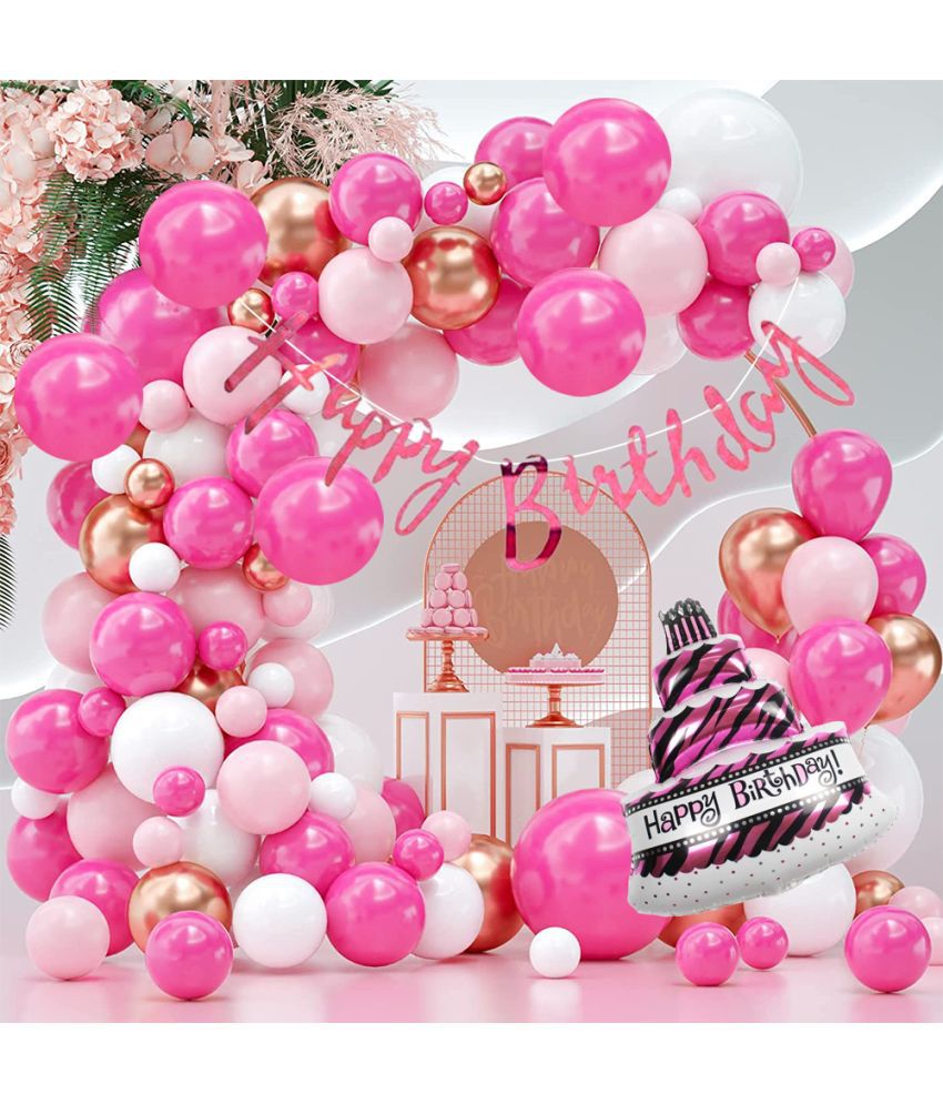     			Happy Birthday Banner Cursive (Pink) + 30 Metallic Balloons (Dark Pink,White, Rose Gold) + 1 Mini Foil Cake (Pink) for Birthday Decoration set, Birthday Kit, Birthday Decoration items, Birthday Balloon, Boy,Girls, Husband, Wife.