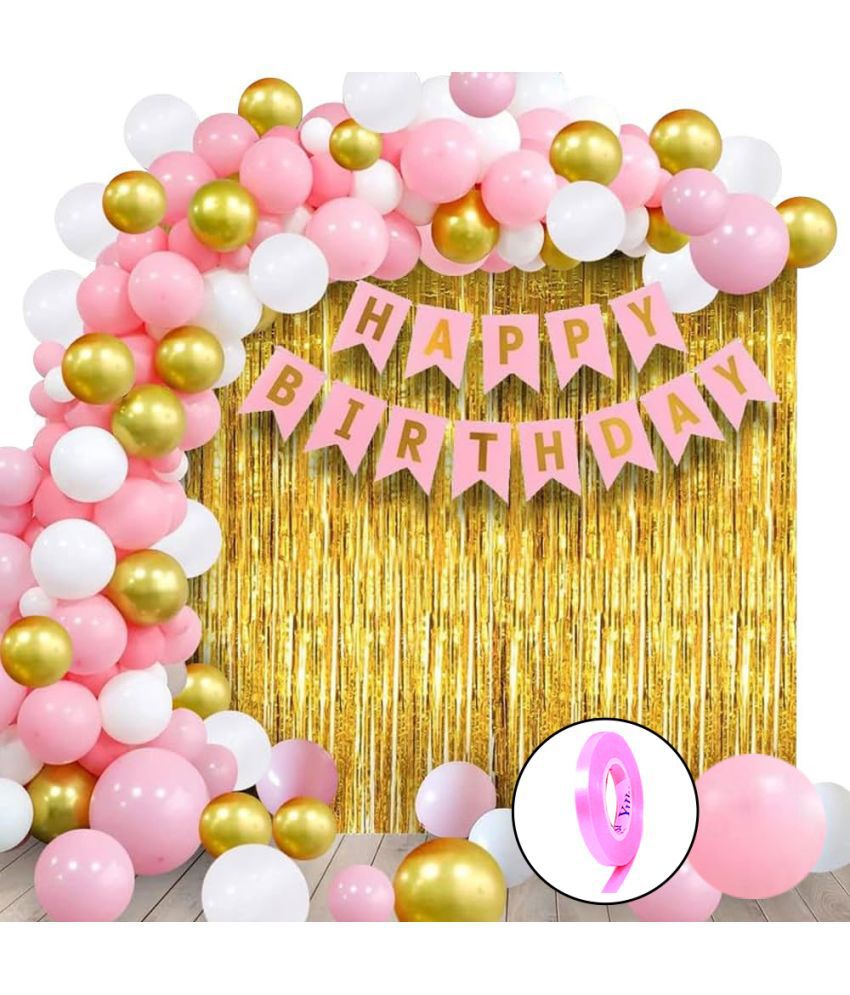     			Happy Birthday Banner (Pink), 2 Fringe Curtain (Gold), 30 Metallic Balloons (Pink, White, Gold), 1 Ribbon for Birthday Decorations Set, Birthday Balloon Combo, Items for Boy, Girl