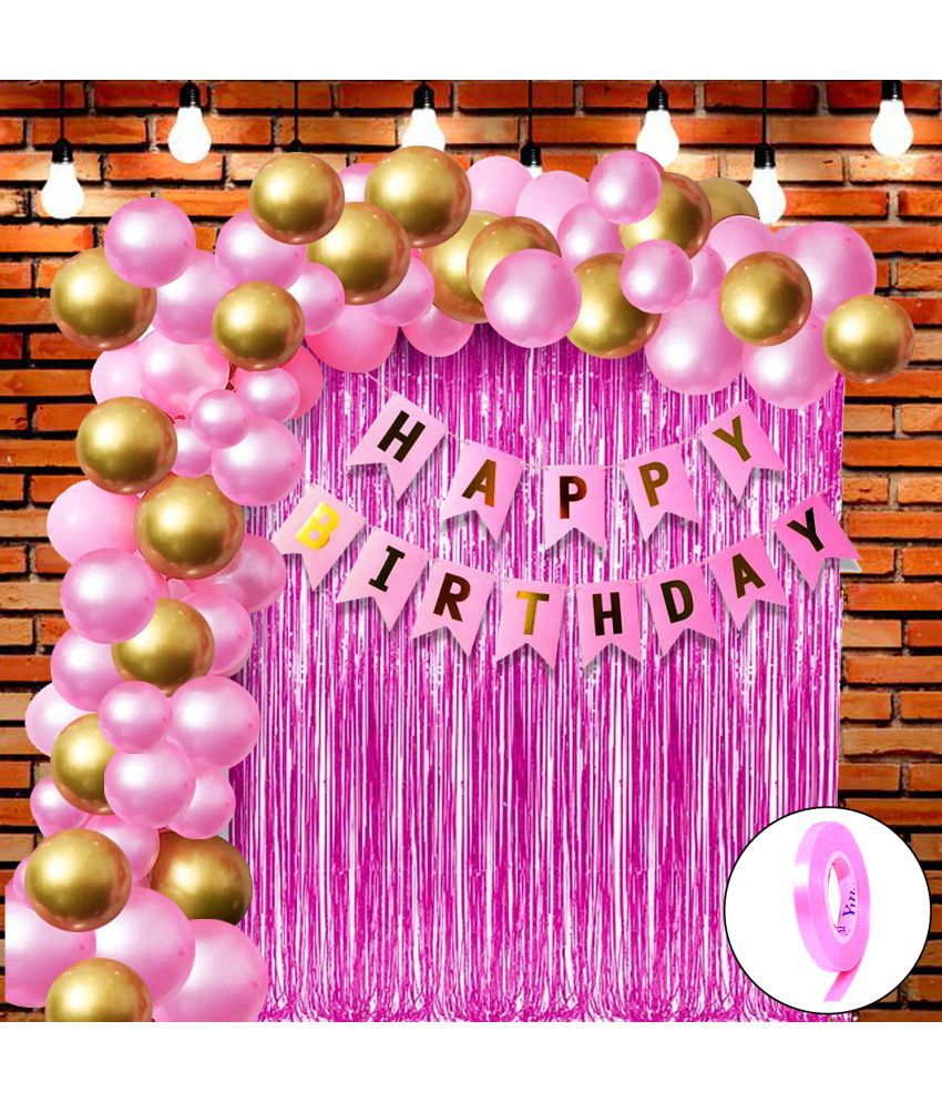     			Happy Birthday Banner (Pink), 2 Fringe Curtain (Pink), 30 Metallic Balloons (Pink, Gold), 1 Ribbon for Birthday Decorations Set, Birthday Balloon Combo, Items for Boy, Girl