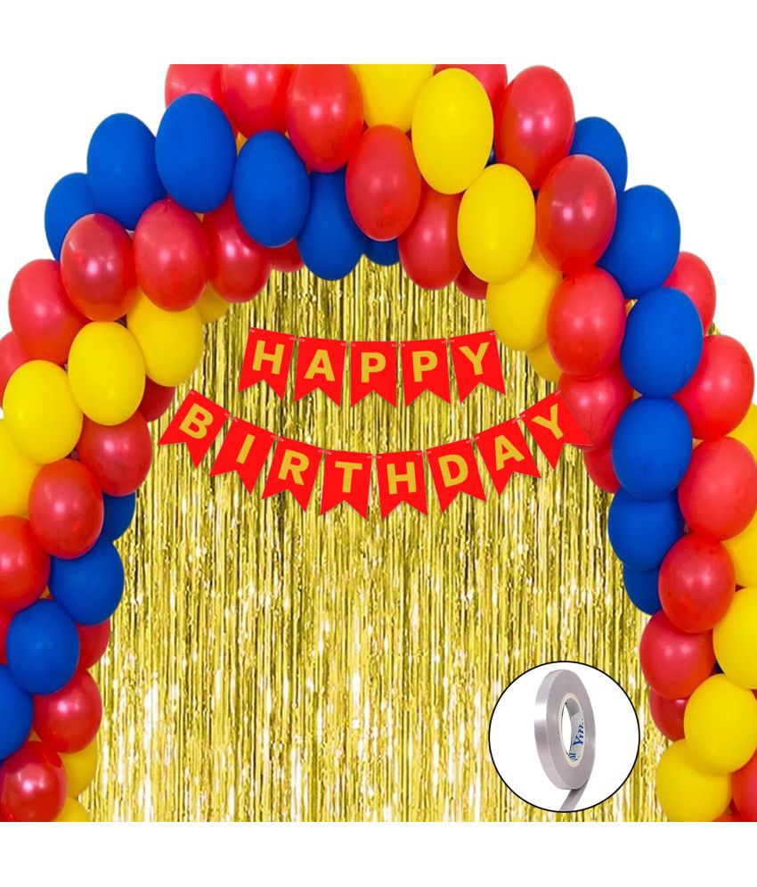     			Happy Birthday Banner (Red), 2 Fringe Curtain (Gold), 30 Metallic Balloons (Blue, Red, Yellow), 1 Ribbon for Birthday Decorations Set, Birthday Balloon Combo, Items for Boy, Girl