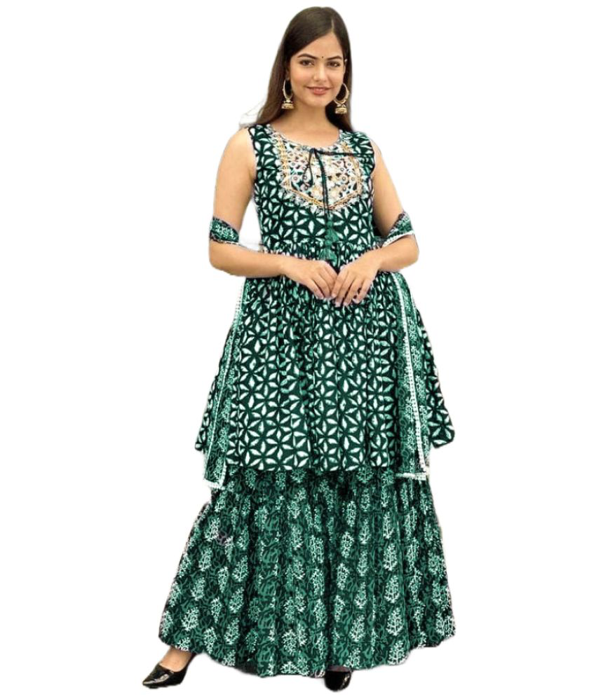     			Itemzon Viscose Printed Ethnic Top With Palazzo Women's Stitched Salwar Suit - Dark Green ( Pack of 1 )