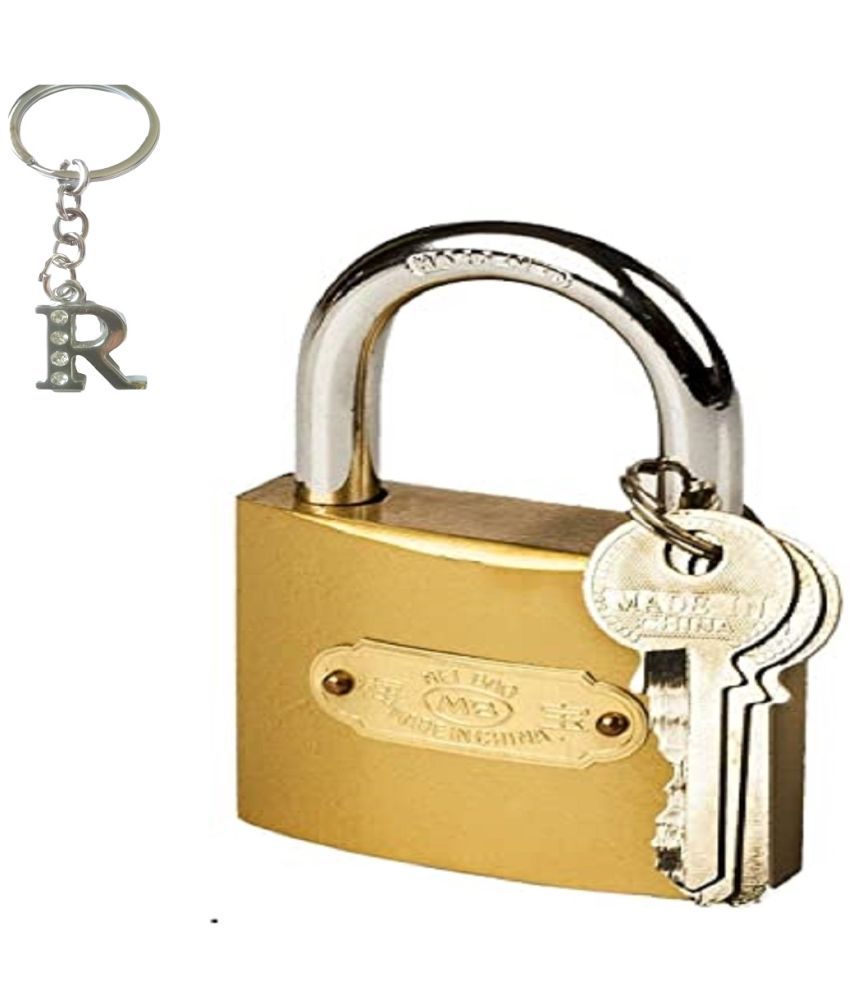     			Pressing Hard Stainless Steel Gold Finish Lock with 3 Key (Brass, 63 mm ) with  multi alphabets key chain  pack of 1