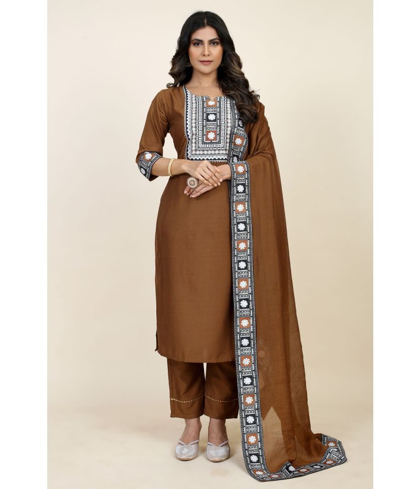     			Style Samsara Silk Printed Kurti With Pants Women's Stitched Salwar Suit - Brown ( Pack of 1 )