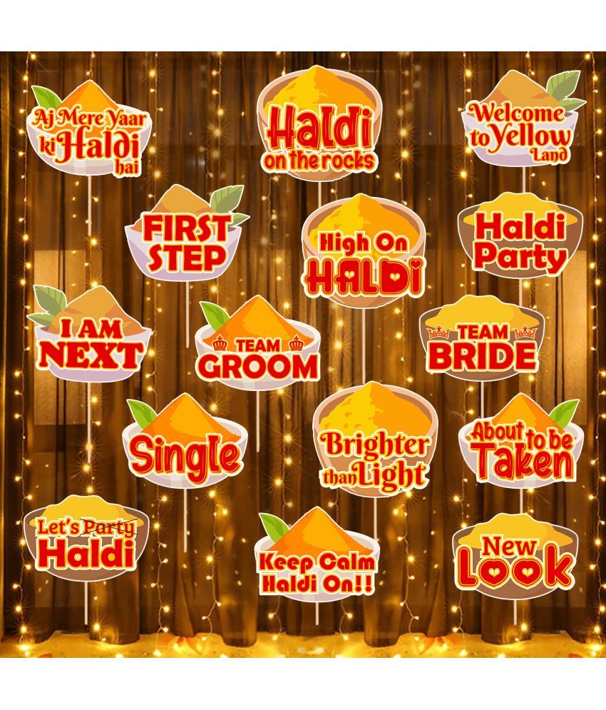     			Zyozi Haldi Ceremony Decorations Props | Haldi Props for Bride and Family | Bride to Be Props | Mehandi Props for Photoshoot - Photo Booth Props & Rice Light (Pack of 16)