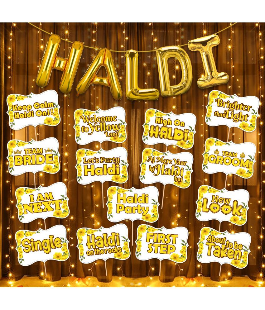     			Zyozi Haldi Ceremony Decorations Set | Haldi Props for Bride and Family | Bride to Be Props - Haldi Foil Balloons, Photo Booth Props & Rice light (Pack Of 17)