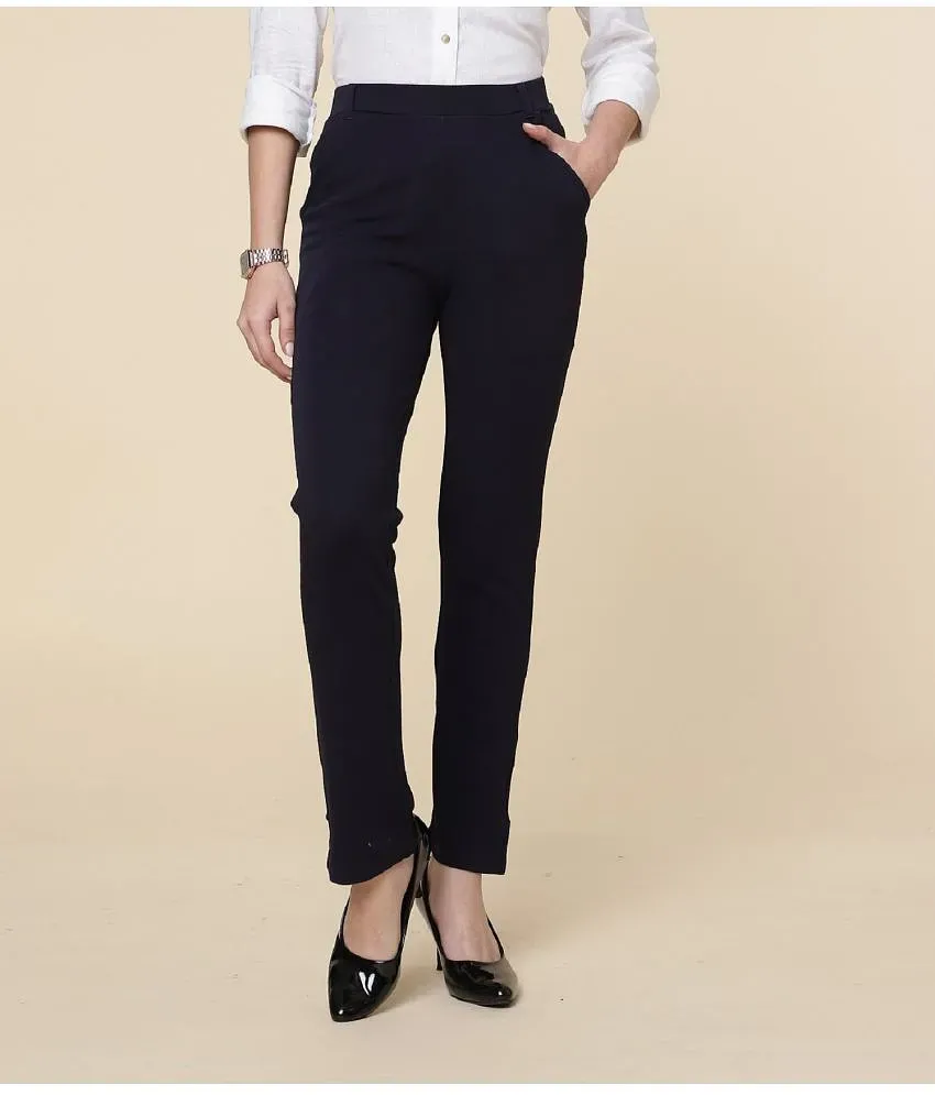 FITHUB - Navy Blue Cotton Blend Slim Women's Formal Pants ( Pack