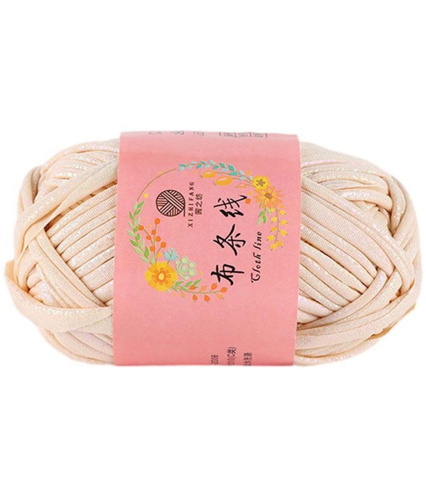     			PRANSUNITA Metallic Shining Sparkle T-Shirt Knitting Yarn – 100 GMS - for Hand Knit Clutch Bag Backpack Bulky Blanket Cushion Crochet Glossy Yarn – Color - (Cream)