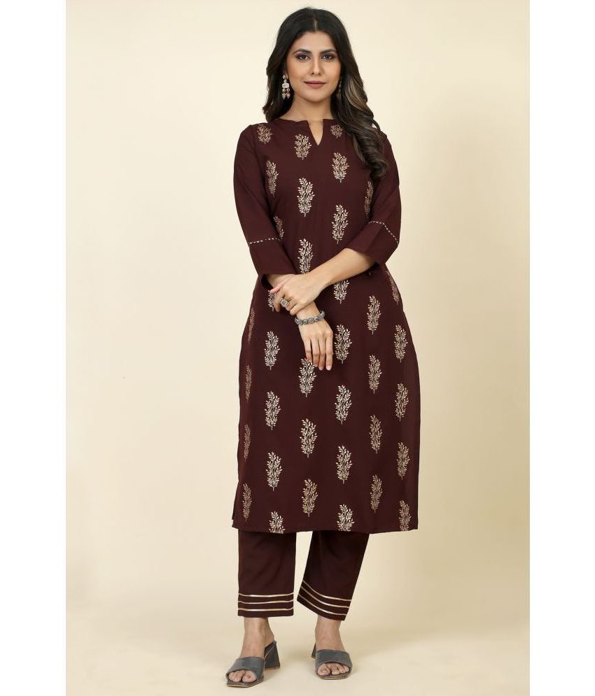     			Style Samsara Crepe Printed Kurti With Pants Women's Stitched Salwar Suit - Coffee ( Pack of 1 )