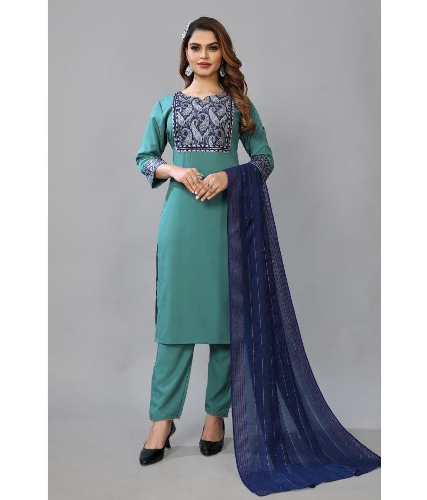     			Style Samsara Crepe Printed Kurti With Pants Women's Stitched Salwar Suit - Teal ( Pack of 1 )