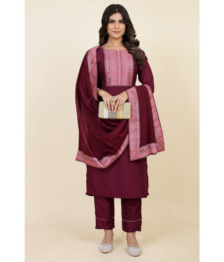     			Style Samsara Silk Embroidered Kurti With Pants Women's Stitched Salwar Suit - Wine ( Pack of 1 )