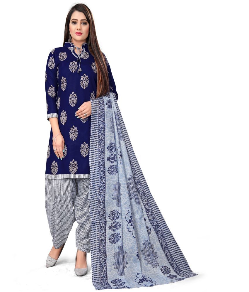     			WOW ETHNIC Unstitched Cotton Printed Dress Material - Navy Blue ( Pack of 1 )