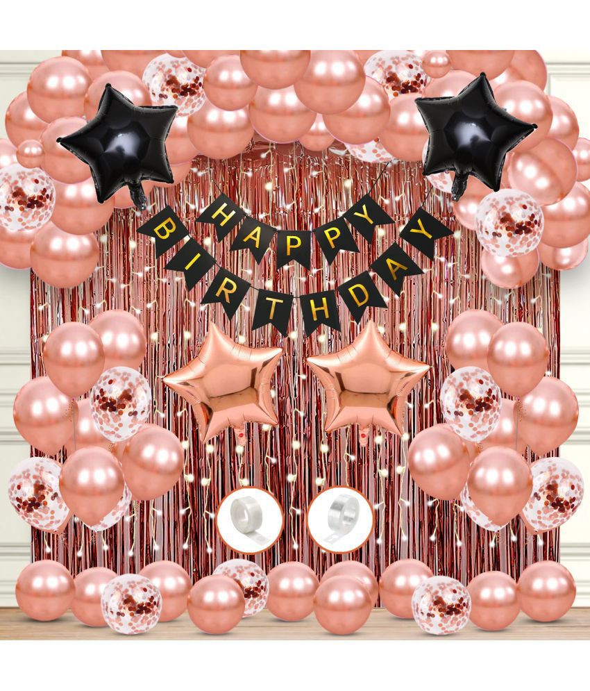     			Zyozi Birthday Decorations Combo Set | Birthday Decorations Items - Banner, Balloons, Star Foil Balloons, RoseGold Confetti Balloons, Rice Light & Foil Curtains (Pack Of 70)