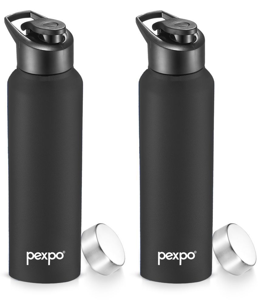     			Pexpo Chromo Xtreme 1000ml Dual Cap Steel bottle Black Sipper Water Bottle 1000ml mL ( Set of 2 )
