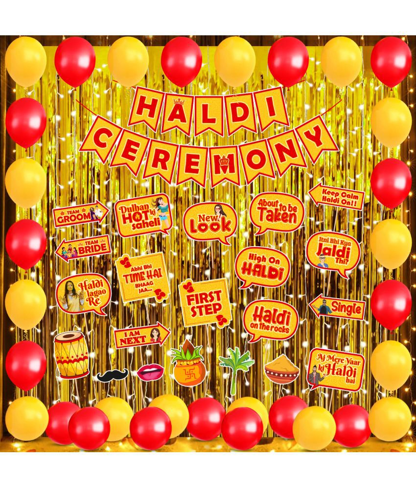     			Zyozi Haldi Ceremony Decorations Combo, Haldi Props For Wedding, Haldi Combo Kit for Bride and Family - Banner, Balloons, Photo Booth Props, Rice Light (Pack Of 50)