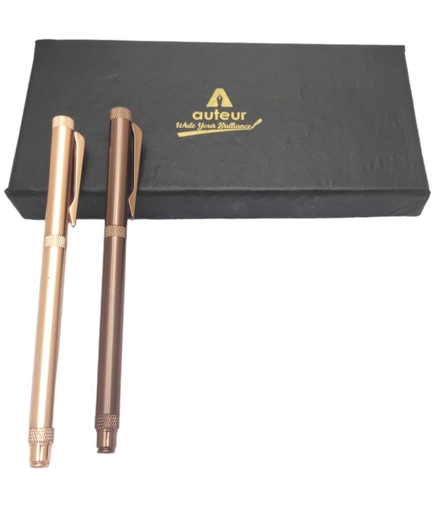     			auteur Executive Collection XUV Metallic Finish Brown & Rose Gold Colour Designer Roller Ball Pen Gift Set .