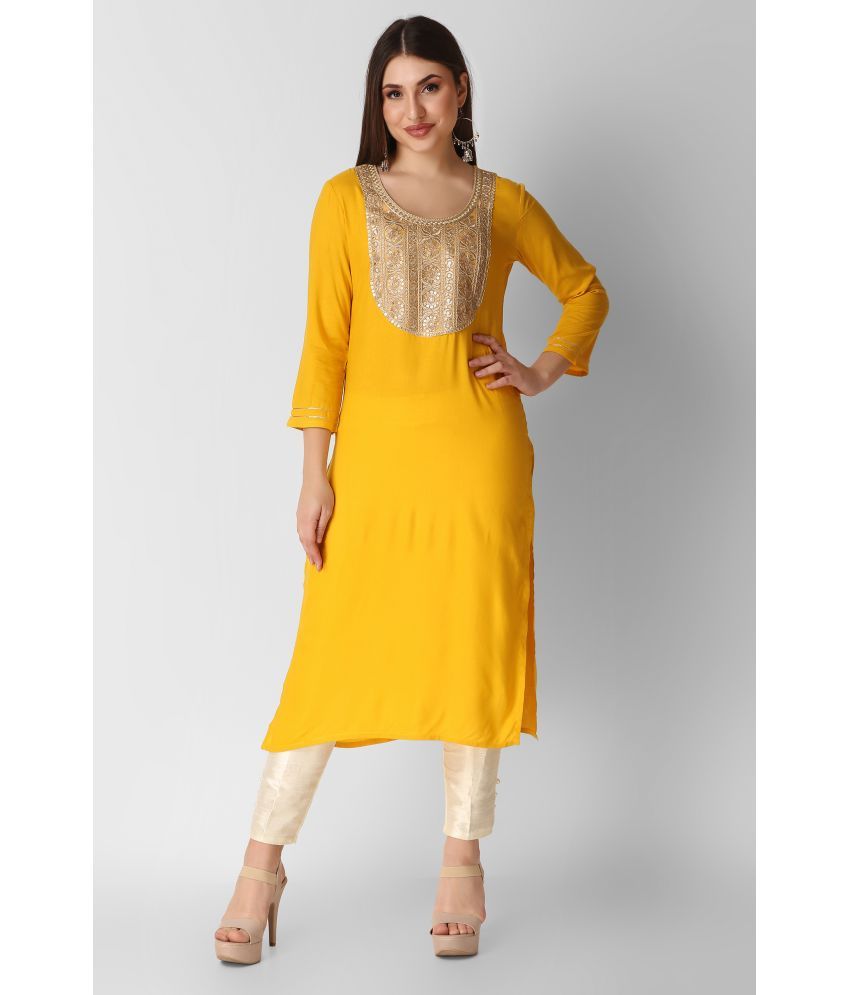     			ravishree Rayon Embellished Straight Women's Kurti - Mustard ( Pack of 1 )