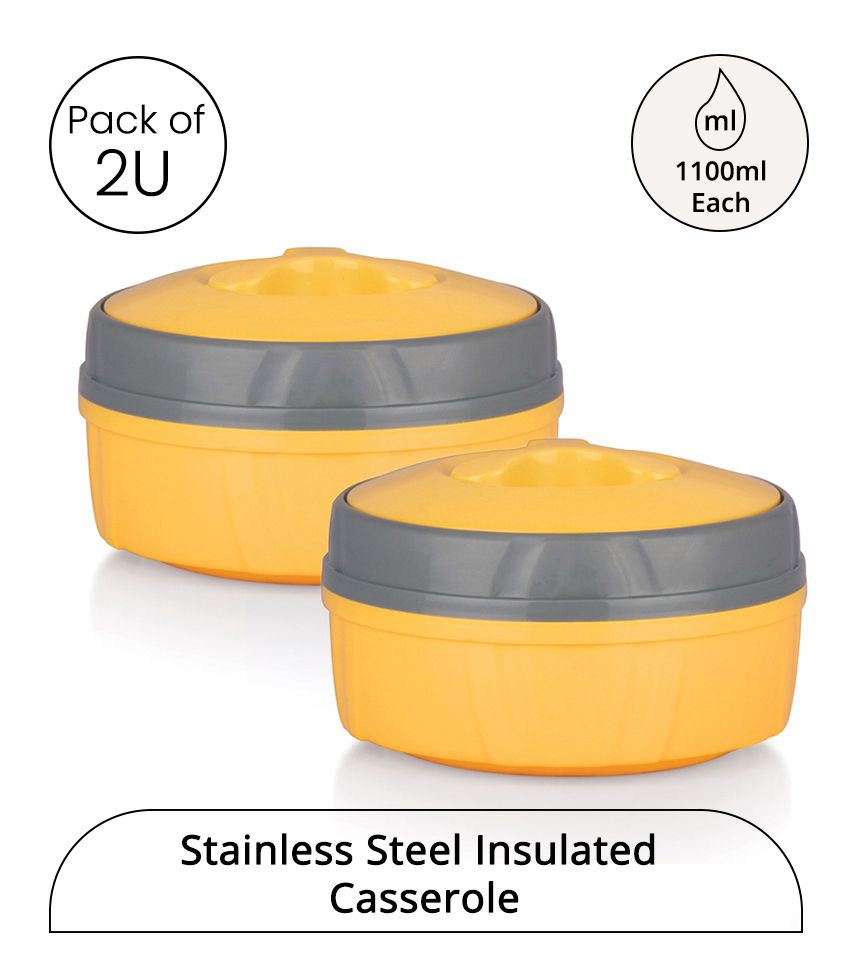     			HOMETALES Stainless Steel Double Walled Insulated Thermoware Casserole 1100ml, Yellow, (1U)