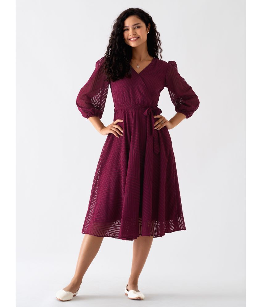     			aask Polyester Blend Embroidered Knee Length Women's Fit & Flare Dress - Wine ( Pack of 1 )