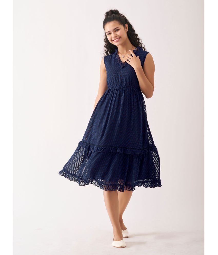     			aask Polyester Blend Embroidered Knee Length Women's Fit & Flare Dress - Navy Blue ( Pack of 1 )