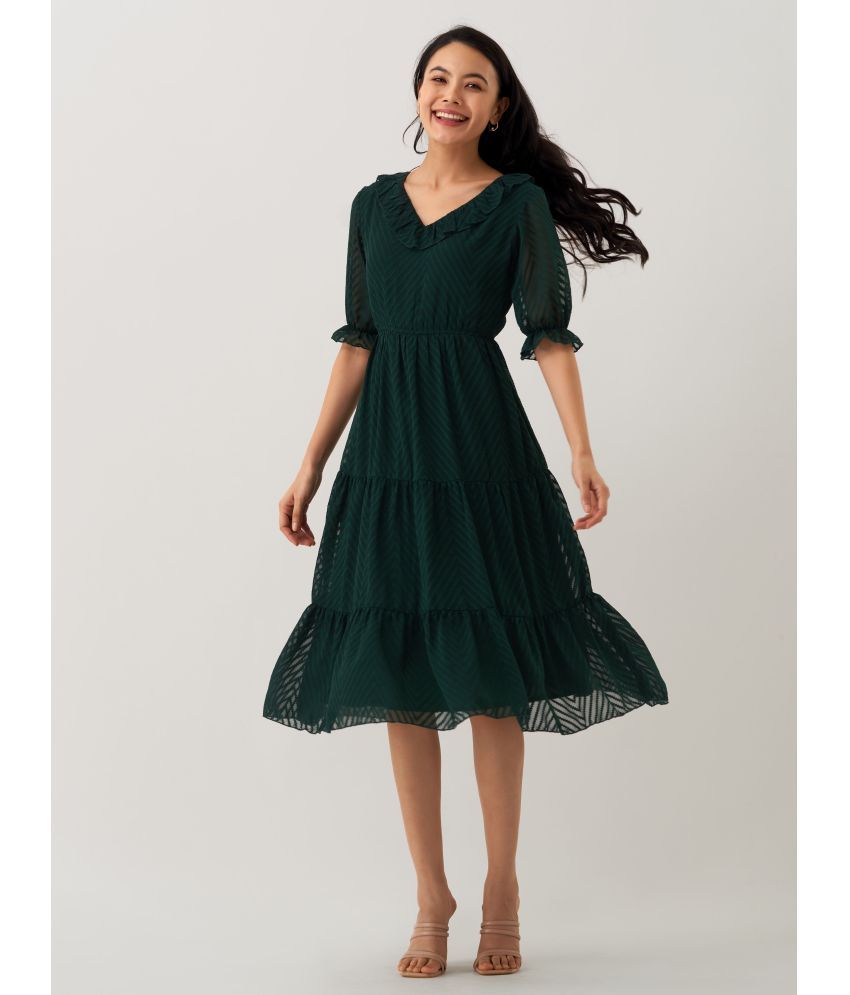     			aask Polyester Blend Striped Knee Length Women's Fit & Flare Dress - Green ( Pack of 1 )