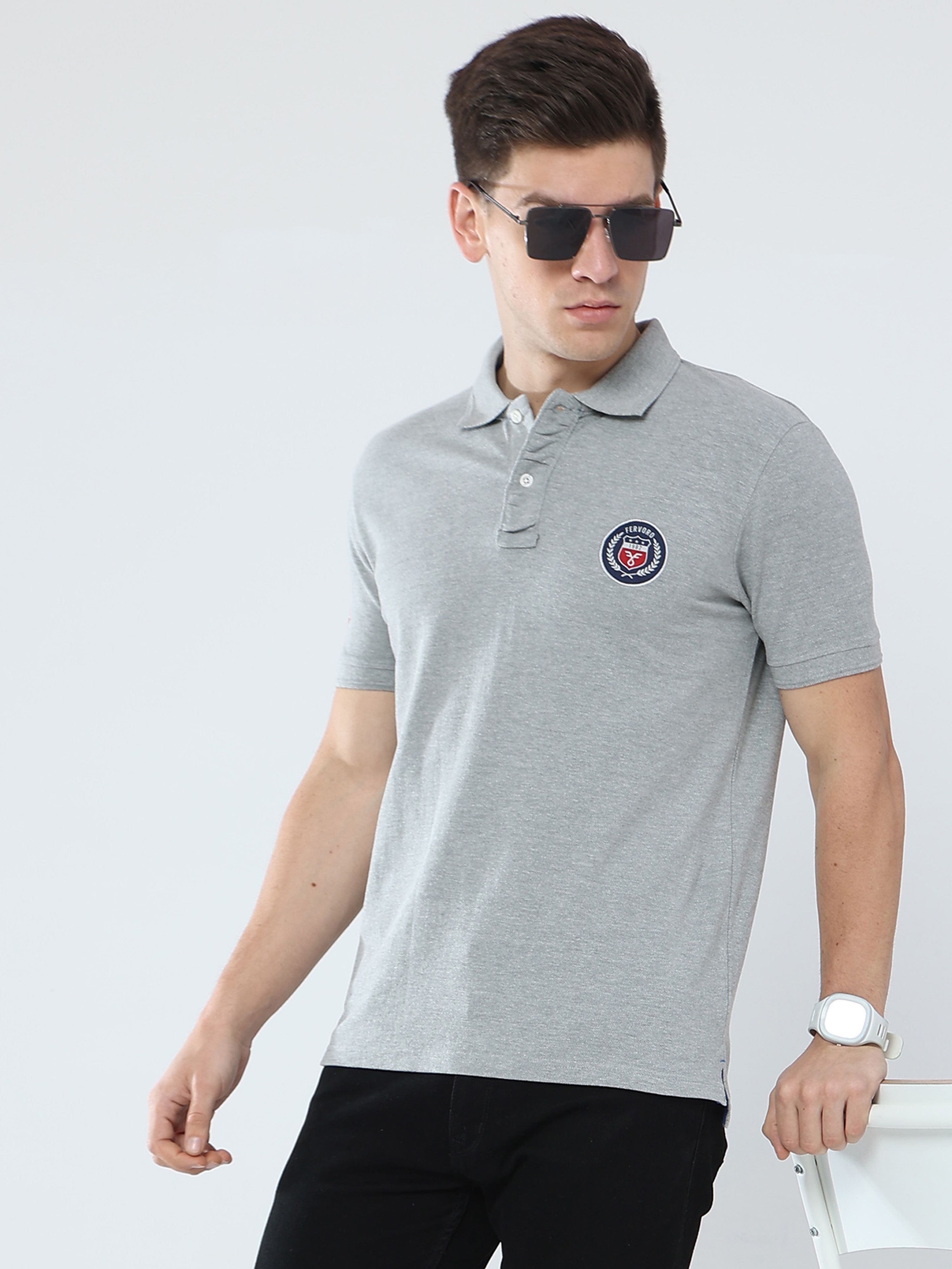     			FERVORO Cotton Blend Regular Fit Self Design Half Sleeves Men's Polo T Shirt - Grey ( Pack of 1 )