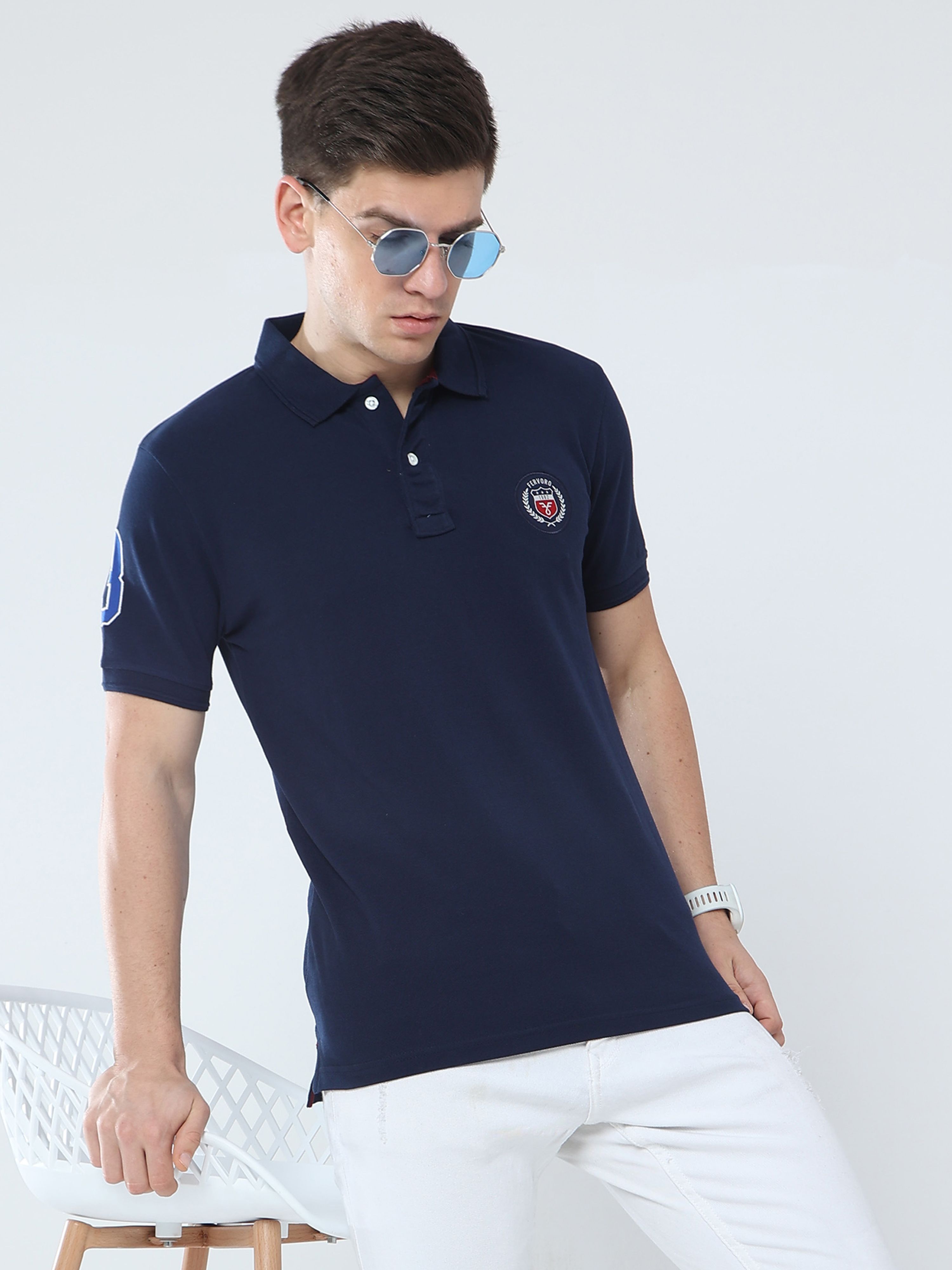     			FERVORO Cotton Blend Regular Fit Self Design Half Sleeves Men's Polo T Shirt - Navy ( Pack of 1 )