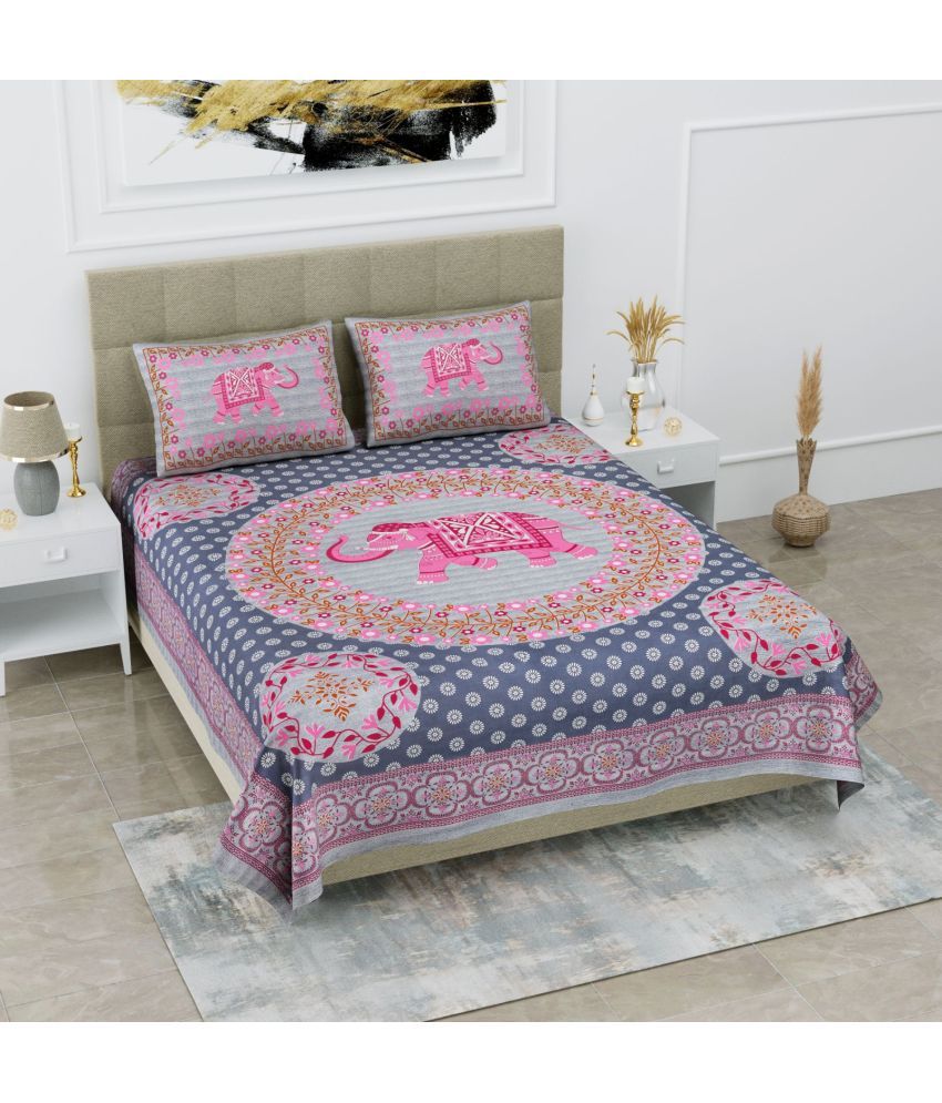     			Uniqchoice Cotton Floral Double Bedsheet with 2 Pillow Covers - Pink