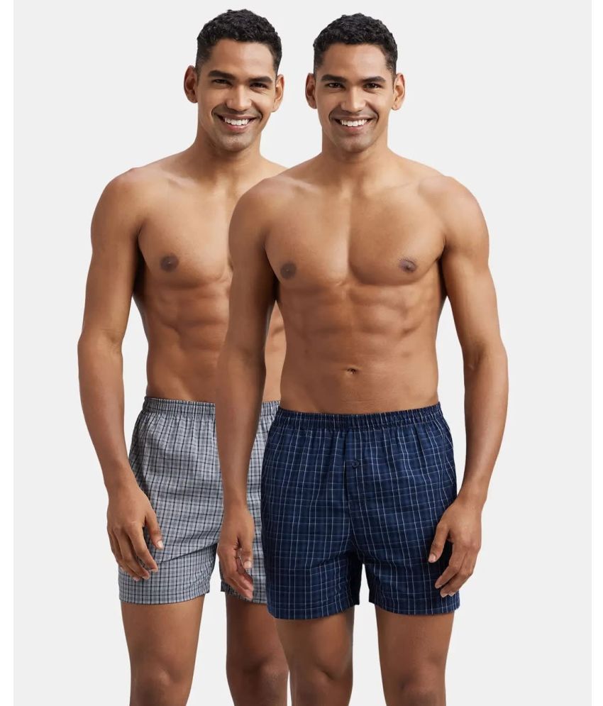     			Jockey 8222 Men Super Combed Cotton Woven Checkered Inner Boxers - Grey & Navy (Pack of 2)