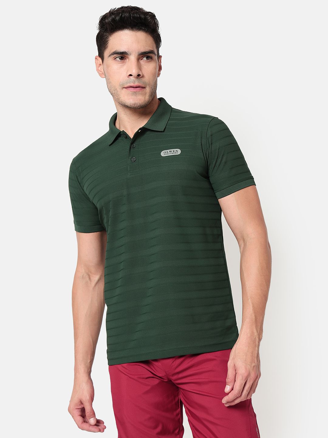     			Olwen Cotton Blend Slim Fit Striped Half Sleeves Men's Polo T Shirt - Green ( Pack of 1 )