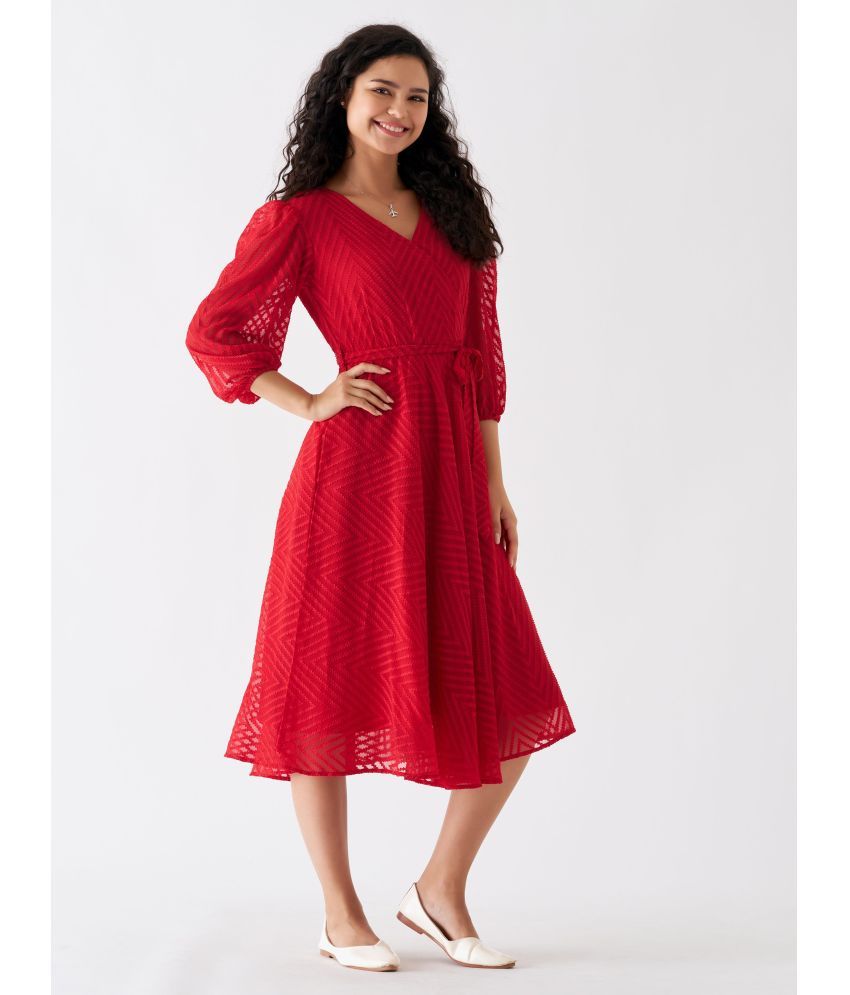     			aask Polyester Blend Embroidered Knee Length Women's Fit & Flare Dress - Red ( Pack of 1 )