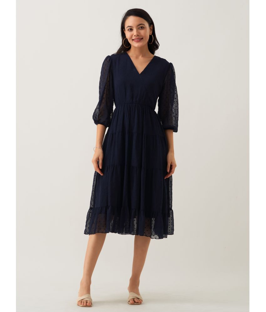     			aask Polyester Blend Solid Knee Length Women's Fit & Flare Dress - Navy Blue ( Pack of 1 )