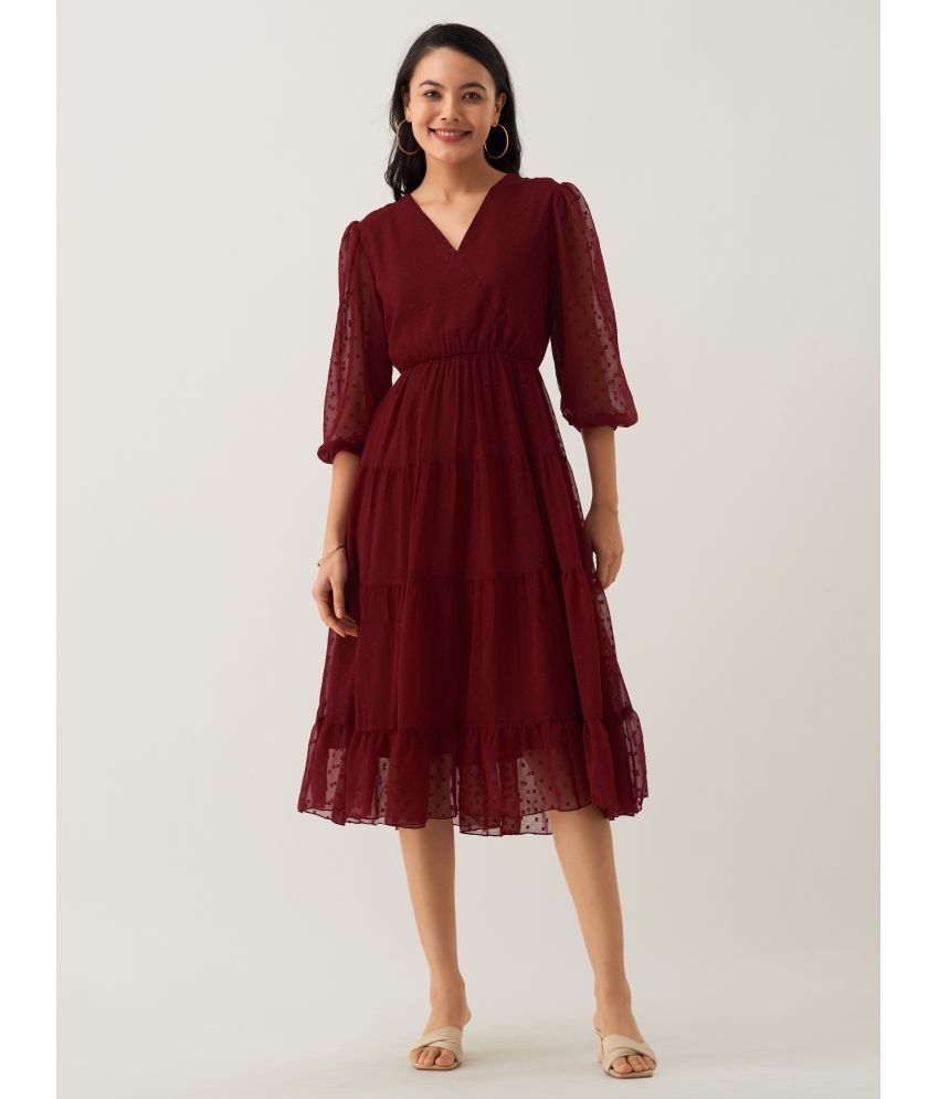     			aask Polyester Blend Solid Knee Length Women's Fit & Flare Dress - Maroon ( Pack of 1 )