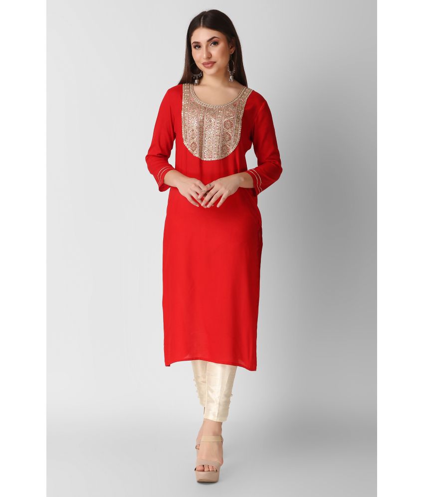     			ravishree Rayon Embellished Straight Women's Kurti - Red ( Pack of 1 )