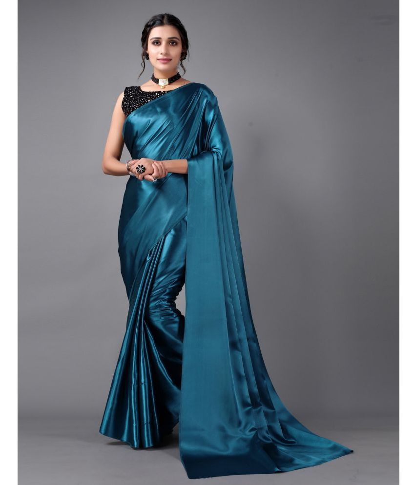     			VANRAJ CREATION Satin Solid Saree With Blouse Piece - Blue ( Pack of 1 )