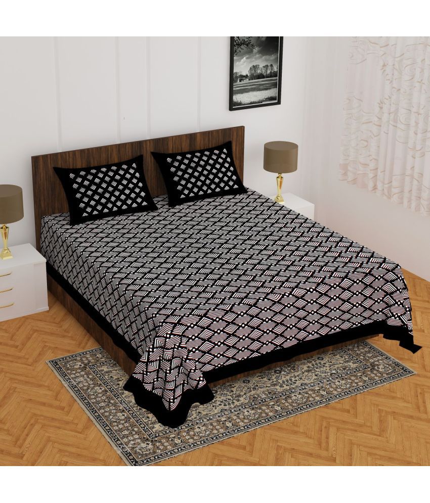     			HOME Cotton Abstract Double Bedsheet with 2 Pillow Covers - Black
