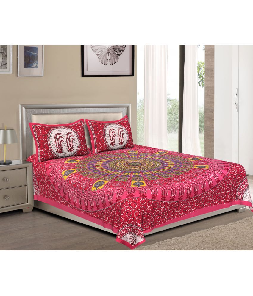     			HOME Cotton Ethnic Double Bedsheet with 2 Pillow Covers - Pink