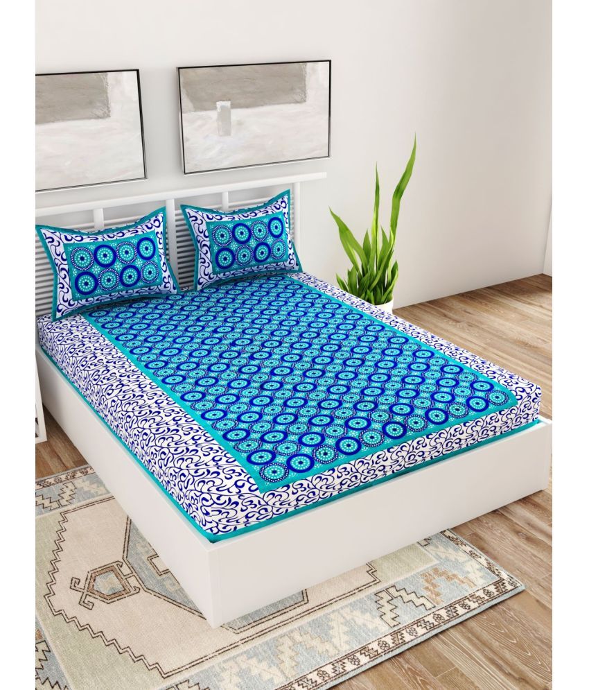     			Uniqchoice Cotton Ethnic Double Bedsheet with 2 Pillow Covers - Turquoise