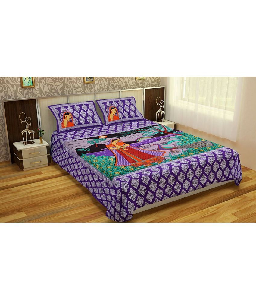     			Uniqchoice Cotton Ethnic Double Bedsheet with 2 Pillow Covers - Purple