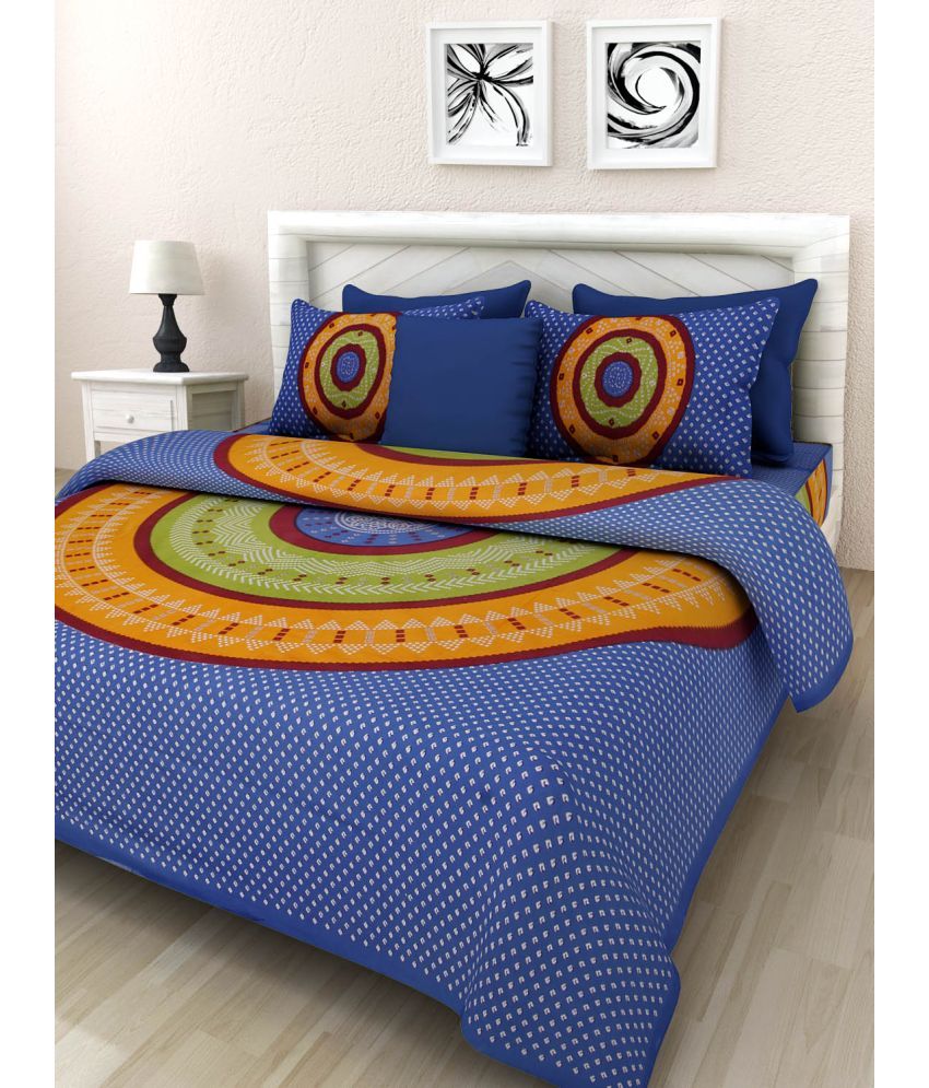     			Uniqchoice Cotton Ethnic Double Bedsheet with 2 Pillow Covers - Blue