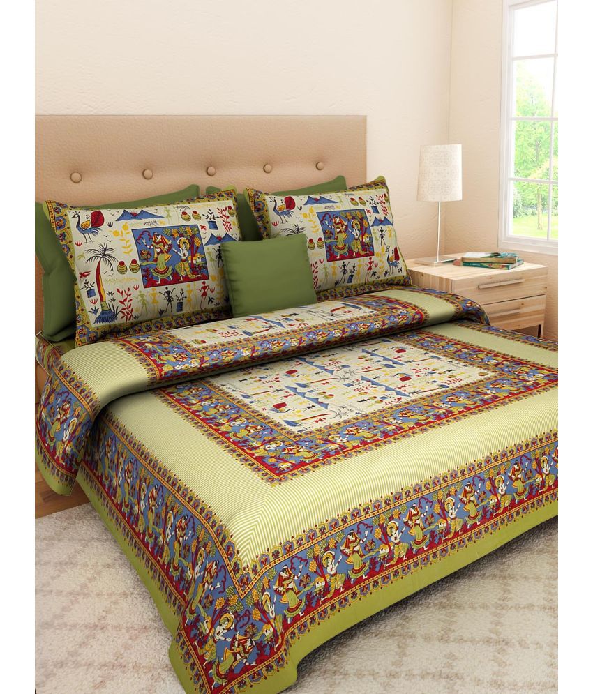     			Uniqchoice Cotton Ethnic Double Bedsheet with 2 Pillow Covers - Green